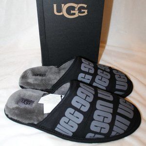 NIB UGG MEN'S SCUFF LOGO SLIPPERS BLACK GRAY